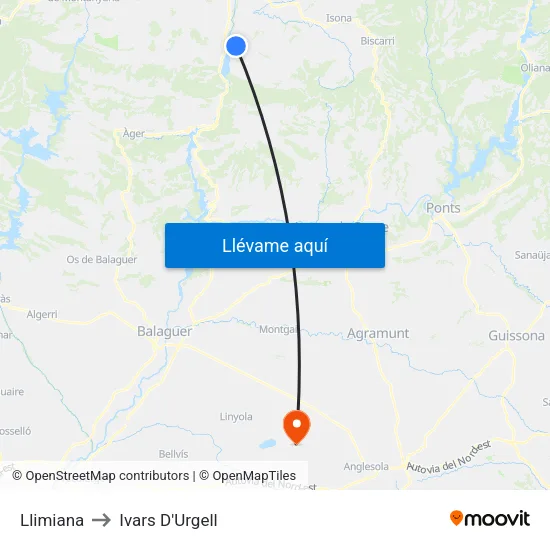 Llimiana to Ivars D'Urgell map