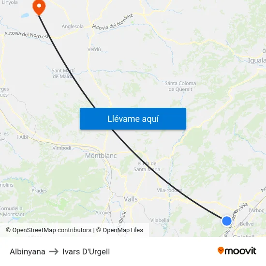 Albinyana to Ivars D'Urgell map