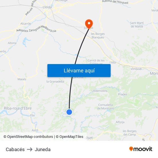 Cabacés to Juneda map