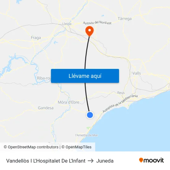 Vandellòs I L'Hospitalet De L'Infant to Juneda map