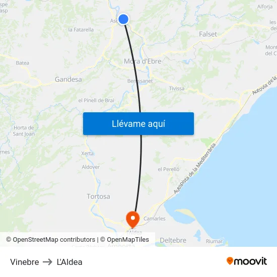 Vinebre to L'Aldea map