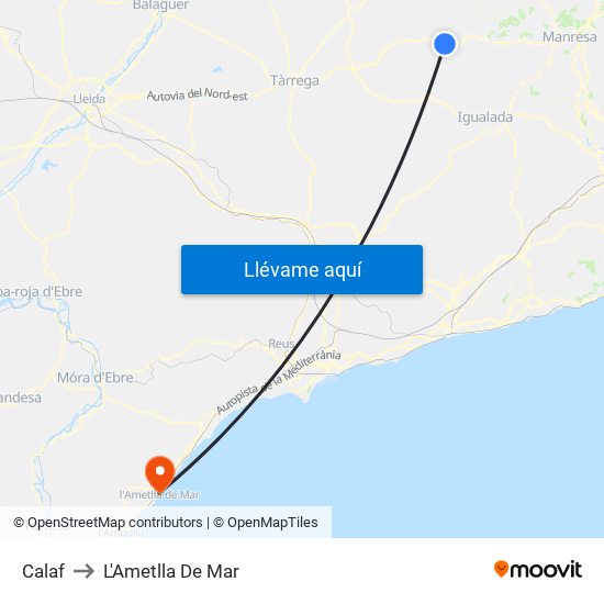 Calaf to L'Ametlla De Mar map