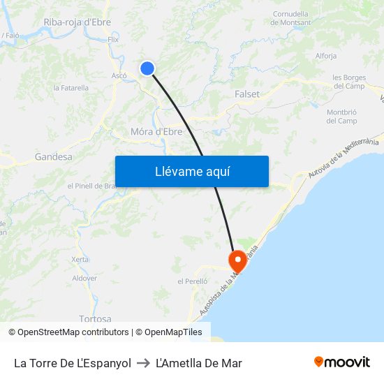 La Torre De L'Espanyol to L'Ametlla De Mar map