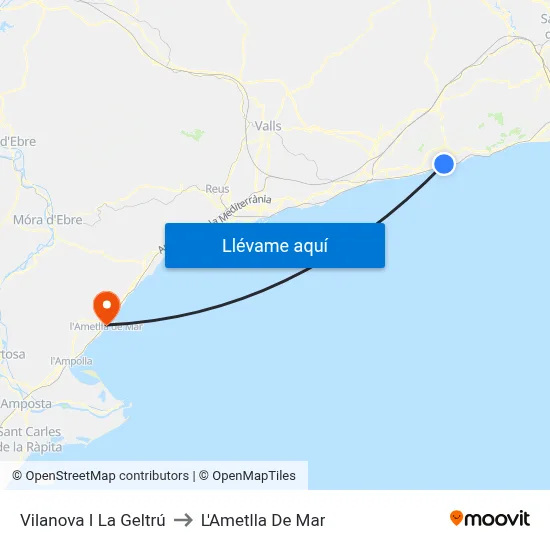 Vilanova I La Geltrú to L'Ametlla De Mar map