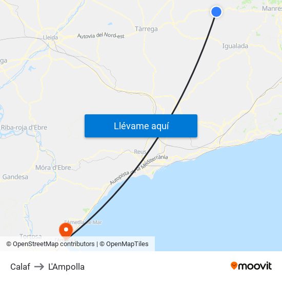 Calaf to L'Ampolla map