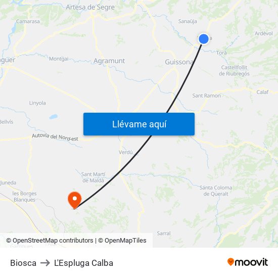 Biosca to L'Espluga Calba map