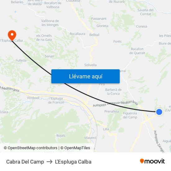 Cabra Del Camp to L'Espluga Calba map
