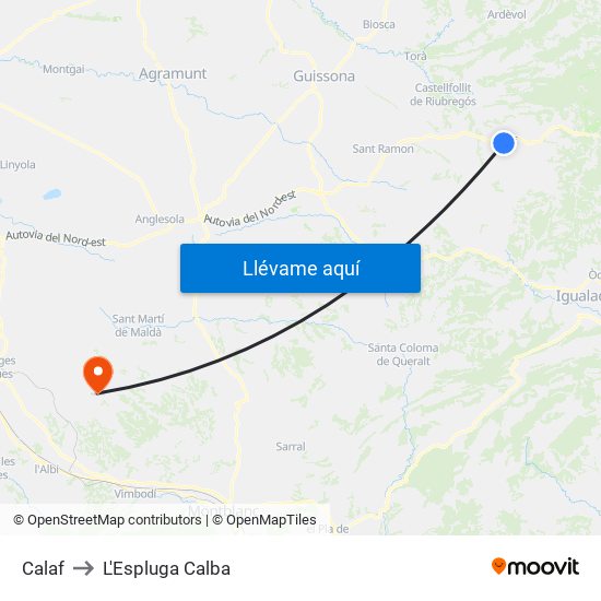 Calaf to L'Espluga Calba map