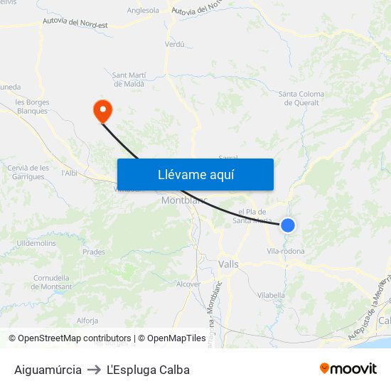 Aiguamúrcia to L'Espluga Calba map