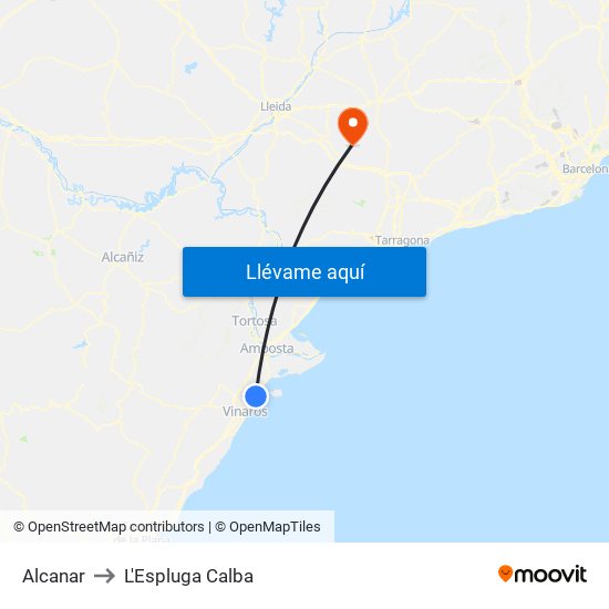 Alcanar to L'Espluga Calba map
