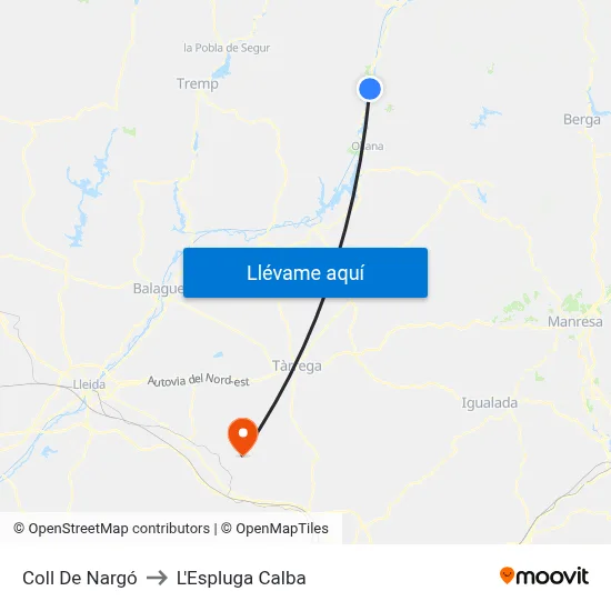 Coll De Nargó to L'Espluga Calba map