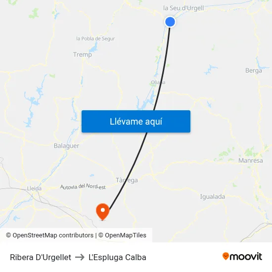 Ribera D'Urgellet to L'Espluga Calba map