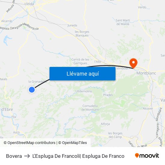 Bovera to L'Espluga De Francolí| Espluga De Franco map