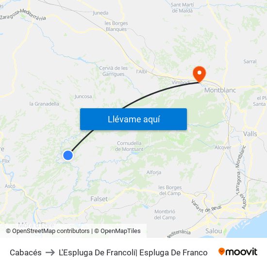 Cabacés to L'Espluga De Francolí| Espluga De Franco map