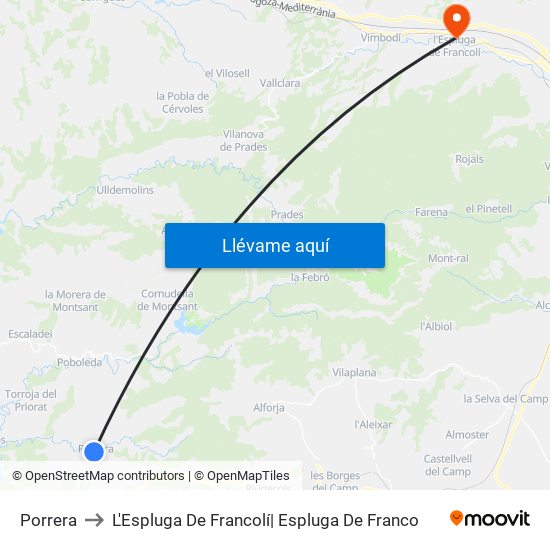 Porrera to L'Espluga De Francolí| Espluga De Franco map