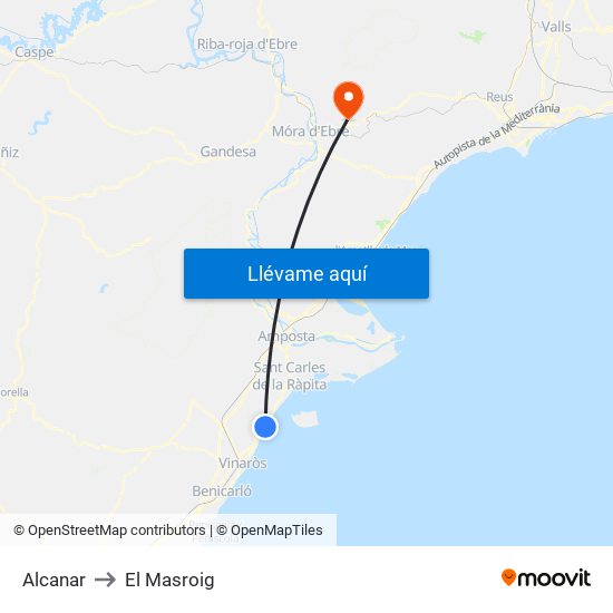 Alcanar to El Masroig map