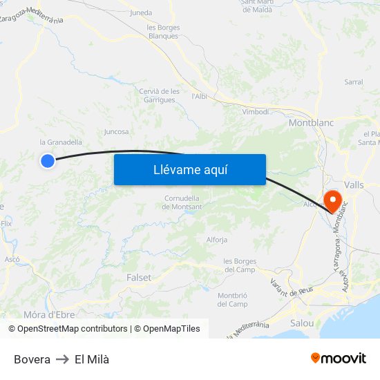 Bovera to El Milà map