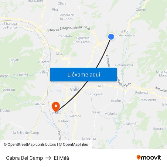 Cabra Del Camp to El Milà map