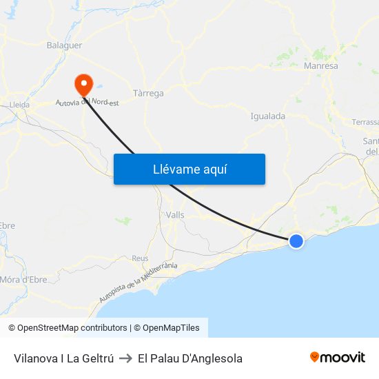 Vilanova I La Geltrú to El Palau D'Anglesola map