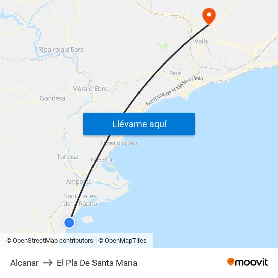 Alcanar to El Pla De Santa Maria map
