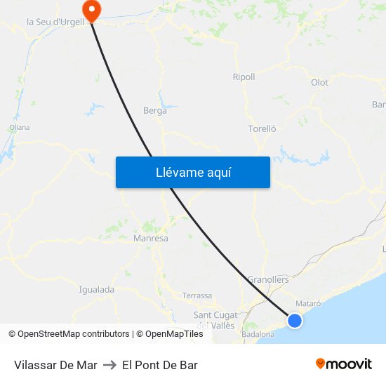 Vilassar De Mar to El Pont De Bar map