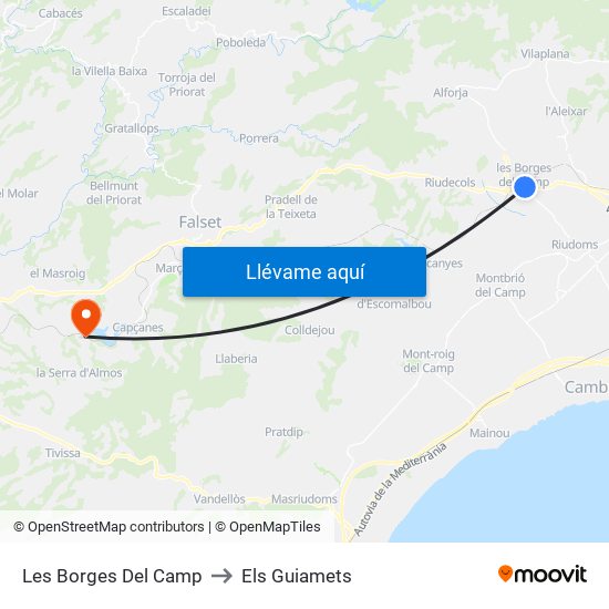 Les Borges Del Camp to Els Guiamets map