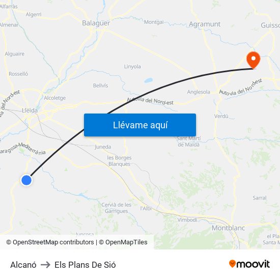 Alcanó to Els Plans De Sió map
