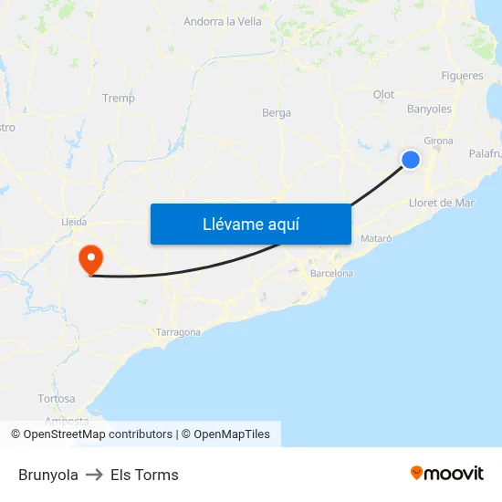 Brunyola to Els Torms map