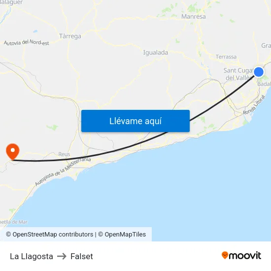 La Llagosta to Falset map