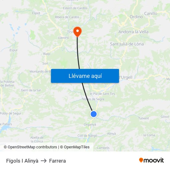 Fígols I Alinyà to Farrera map