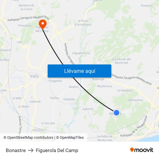 Bonastre to Figuerola Del Camp map