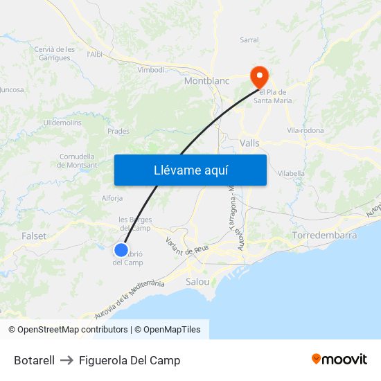 Botarell to Figuerola Del Camp map