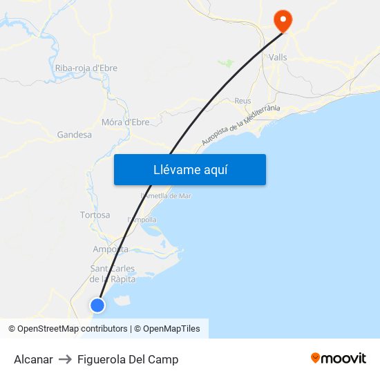 Alcanar to Figuerola Del Camp map