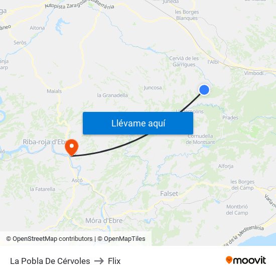 La Pobla De Cérvoles to Flix map