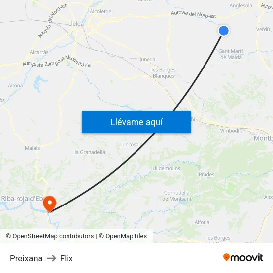 Preixana to Flix map
