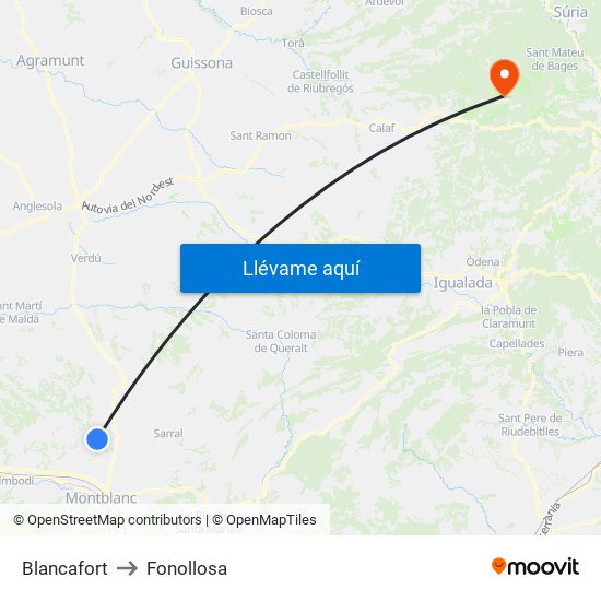 Blancafort to Fonollosa map