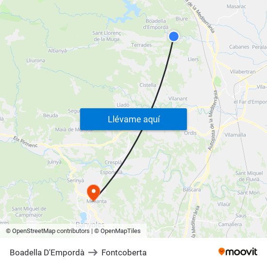 Boadella D'Empordà to Fontcoberta map