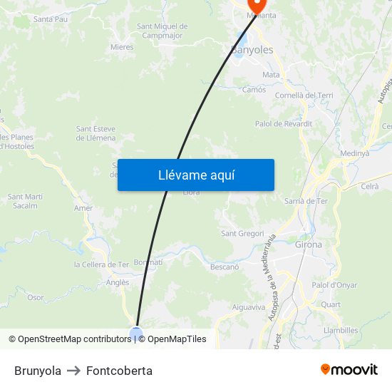 Brunyola to Fontcoberta map