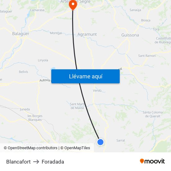 Blancafort to Foradada map