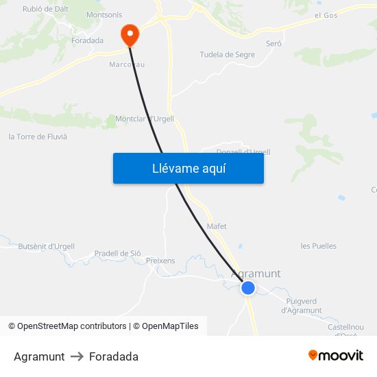 Agramunt to Foradada map
