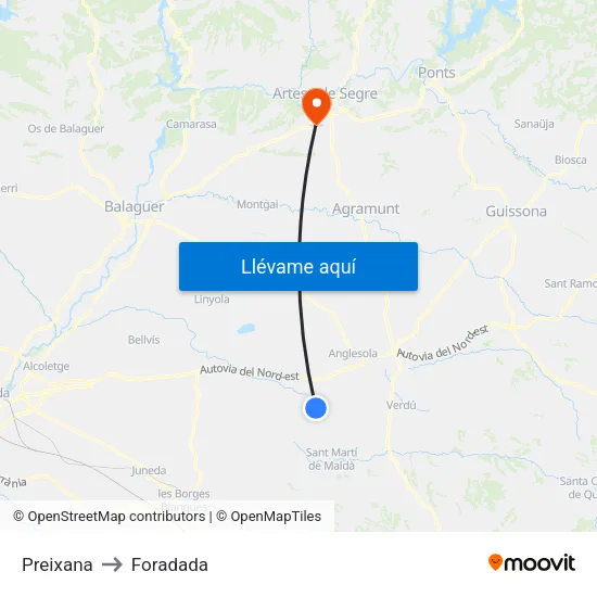 Preixana to Foradada map