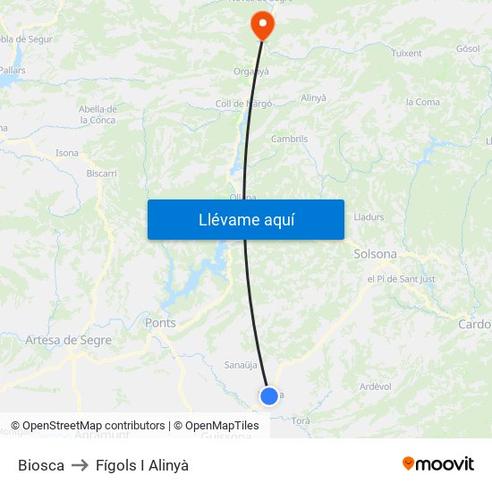 Biosca to Fígols I Alinyà map