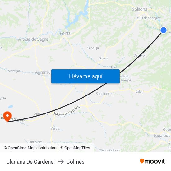 Clariana De Cardener to Golmés map