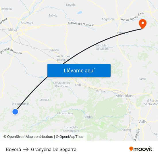 Bovera to Granyena De Segarra map