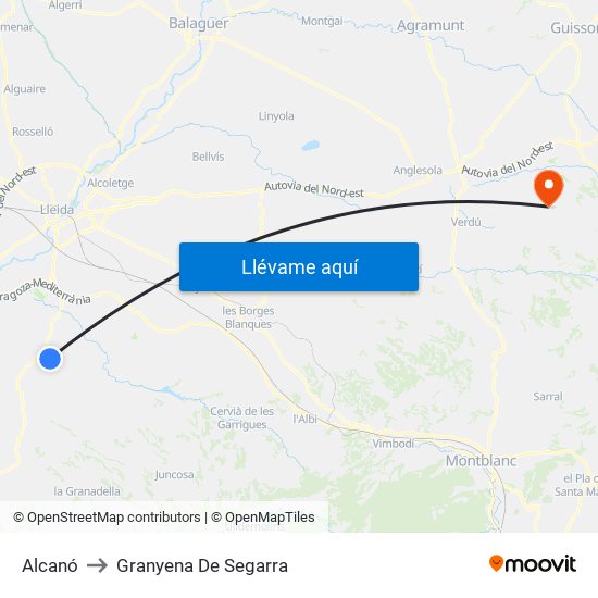 Alcanó to Granyena De Segarra map