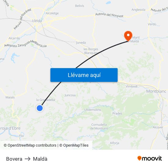 Bovera to Maldà map