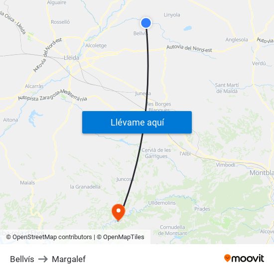Bellvís to Margalef map