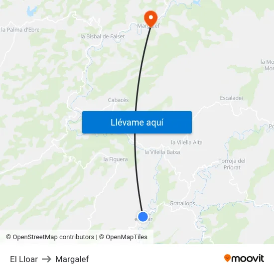 El Lloar to Margalef map