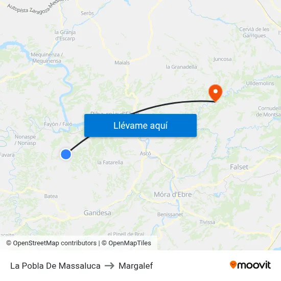 La Pobla De Massaluca to Margalef map