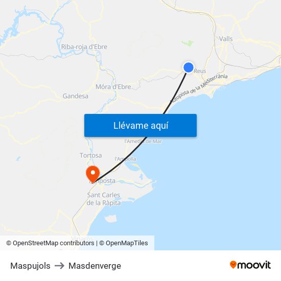 Maspujols to Masdenverge map